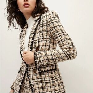 Veronica Beard Lawrence Crochet-Trim Tweed Dickey Jacket in Ecru Ochre Sz 4